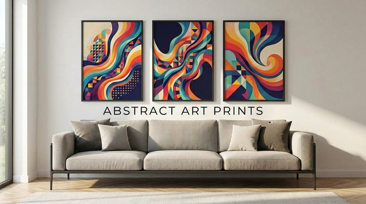 Abstract art print displayed above grey sofa in modern living room